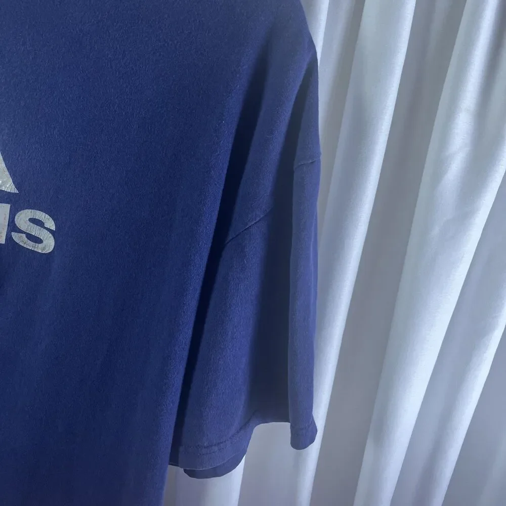 Vintage Adidas Navy Blue Men’s Graphic T-shirt Suze Blade Of Sport 3 Bars Logo